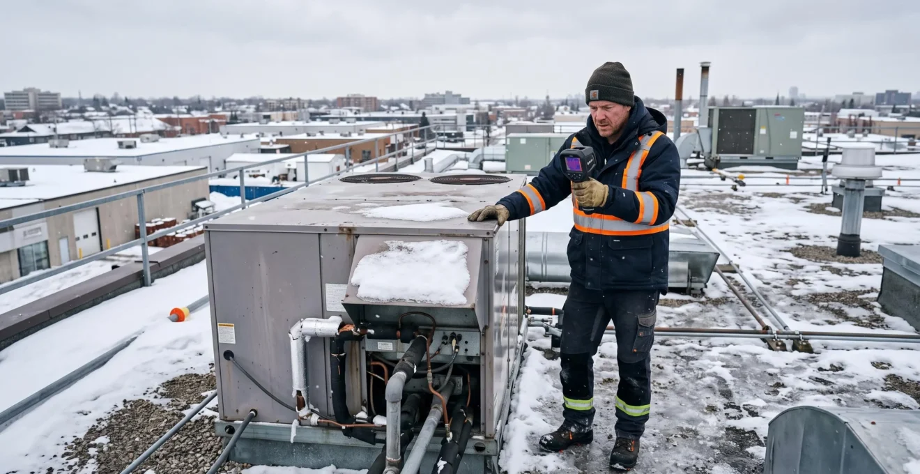 Technicien HVAC effectuant une inspection thermographique d'un appareil de chauffage sur le toit d'un bâtiment commercial en hiver au Canada.