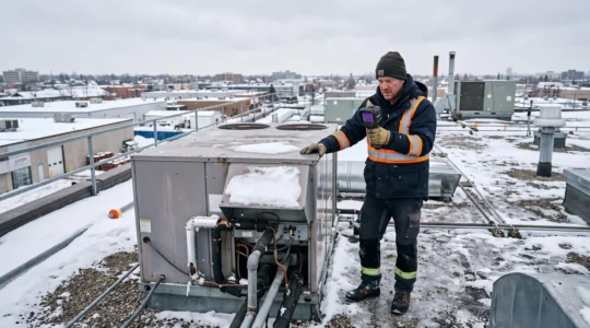 Technicien HVAC effectuant une inspection thermographique d'un appareil de chauffage sur le toit d'un bâtiment commercial en hiver au Canada.